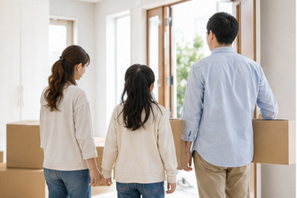 家族が新居へ住み替える様子